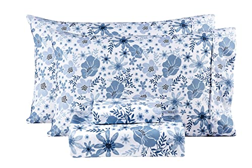 Image of Mooreeke Queen Size Sheets Set - 4 Piece Soft Breathable Microfiber Bed Sheet Set - Blue & White Flower Pattern Sheet Set Queen - Deep Pocket Non-Slip Floral Fitted Sheet Included for All Season