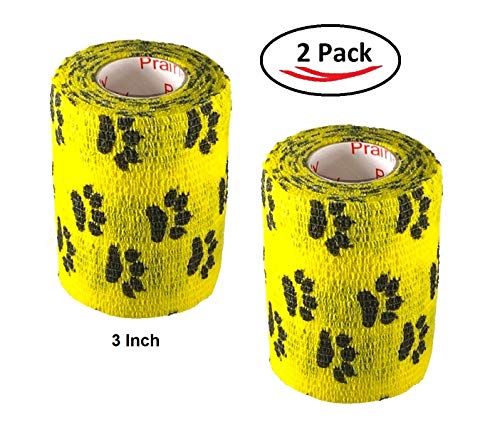 Image of Vet Wrap Wrap Tape (Yellow with Paw Prints) (2 Pack) (4 Inch x 15 feet) Self Adhesive Adherent Adhering Cohesive Flex Self Stick Bandage Grip Roll Dog Cat Pet Horse