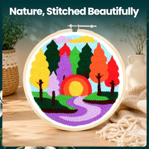 Image of picknMAKE Rainbow Forest Sunset Punch Needle Kit for Beginners | DIY Punch Needle Embroidery Kit with 8 Inch Wooden Hoop, Pre-Printed Fabric, 9 Wool Yarn Colours | Craft Kit for Adults & Gift