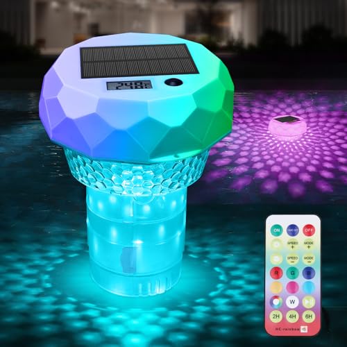 Qoolife Flotador de Cloro con luz Solar y termómetro, dispensador Flotante Ajustable con Mando a Distancia para Piscinas, estanques, spas y bañeras de hidromasaje, Apto para tabletas de 1' y 3'