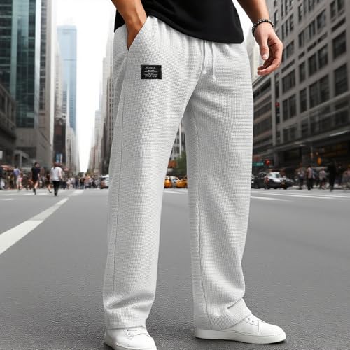 Mokaloha Mens Waffle Pants, 2025 New Men's Casual Waffle Embroidered Logo Elastic Waist Loose and Comfortable Trousers3