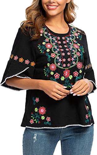 Mexican Shirts Peasant Blouses for Women Cotton Embroidered Blouses Fiesta Summer Bohemian Shirts 3/4 Sleeves3