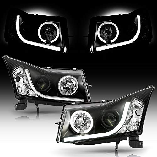 ACANII - For 2011-2016 Chevy Cruze LED Tube DRL Halo Black Housing Projector Headlights Headlamps Driver & Passenger