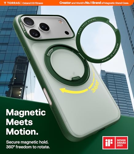Image of TORRAS 360 Magnetic Stand for iPhone 17 Pro Case, Ostand 3.0[Fit for MagSafe][4X Mil-Grade Shockproof] Rotatable Kickstand Protective Cover, Camera Control Button, Translucent Pine Green, O3 Fitness