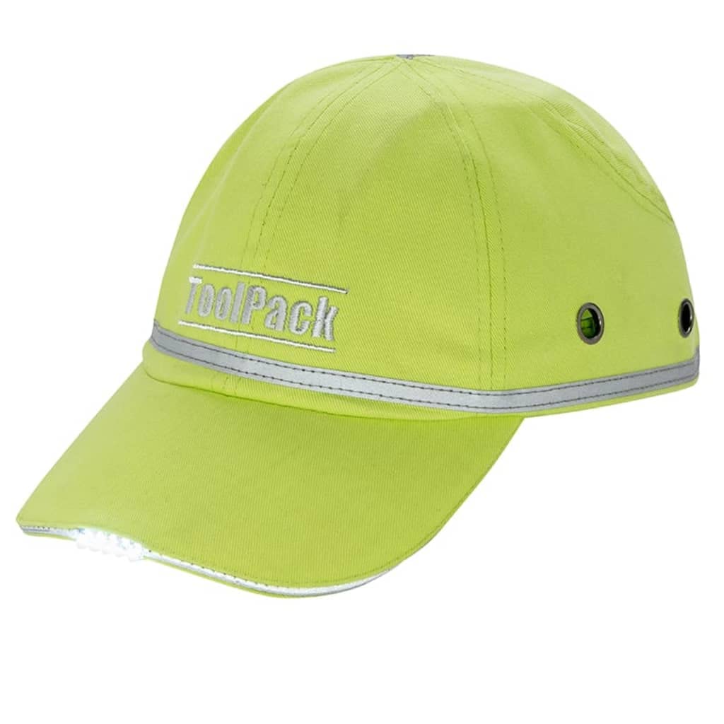 Toolpack LED Work Protective Cap Safety Shock Absorbing Reflective Stripes High-Visibility Bump Hard Shell Helmet Protector Lime Green