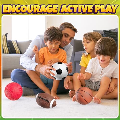 Bedwina Kids Hand Pump Sports Balls - (Pack of 4) 6 Inch Diameter Sports Ball Set Includes Football and Basketball