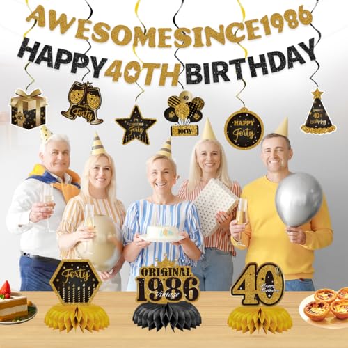 Image of 11pcs Happy 40th Birthday for Men Women Decorations,Forty Bday Banner Ceiling Table Topper Sign Awesome Since 1986 Old Black and Gold Kit Swirls Party Decorations Supplies