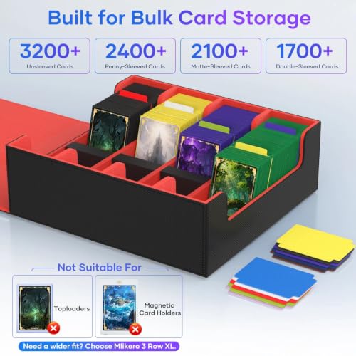 Image of Mlikero Trading Card Storage Box, Bulk Card Storage for 2400+ Sleeved Cards, PU Leather Magnetic Closure Card Organizer with 10 Dividers & 4 Foam Stoppers, Fit for MTG, TCG and Sports Cards (Red)