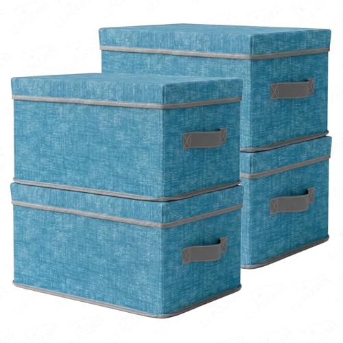 Image of Lukzer 4PC Blue & Grey Foldable Storage Box with Lid & Reinforced Handle | Fabric Wardrobe Clothes Organizer Basket Bin for Sarees, Blankets, Toys, Books & Closet /Almirah Storage (36 x 27 x 20 CM)