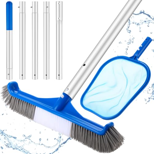 Potchen 3 Pcs Pool Cleaning Kit with Hand Skimmer Net 47.24 Aluminum Pole and Long Pool Brush Maintenance Accessory Tool for Above Ground Inground Ponds Home Tubs Spa(17.5 Brush)