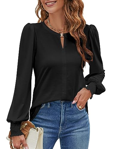 Blooming Jelly Women's Puff Sleeve Dressy Tops Long Sleeve Business Casual Blouses Keyhole 2025 (X-Large, Black)