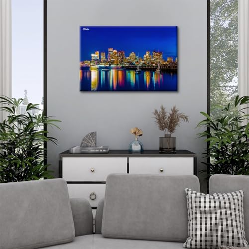 Image of City Canvas Wall Art for Living Room USA Boston Photography Wall Pictures Bedroom Decor Neon Night Cityscape Paintings Prints Modern Urban Skyscraper Artwork Kitchen Office Bedroom Decorations 16x24 inch