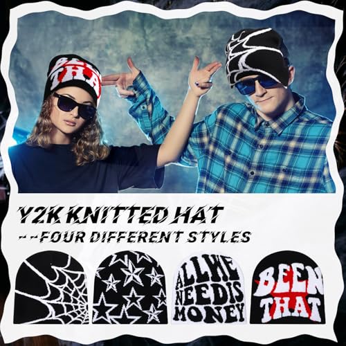 Image of Ramede 4 Pcs Y2k Beanie - Double Sided Graphic Beanies for Men and Women, Acrylic Knitted Y2k Hats Accessories