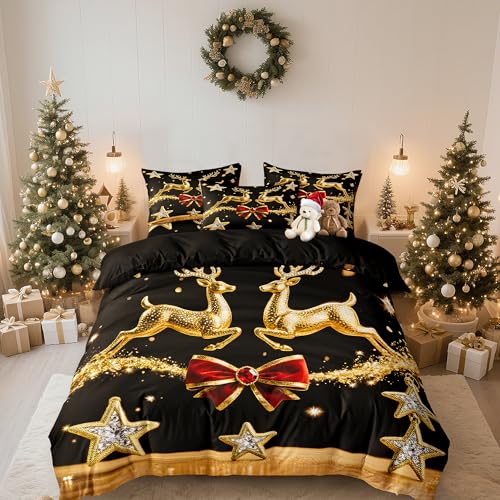 DXHOME Weihnachten Bettwäsche Set 135x200cm Schwarz Wintermotiv Weiche Mikrofaser Teenager für Mädchen Jungen Geschenke für Kinder Bettbezug mit Reißverschluss + 1 Kissenbezug 80x80 cm