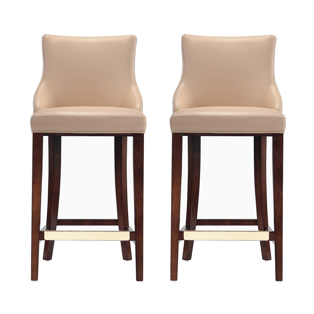 Photo 1 of ***UPDATED 6/5***Manhattan Comfort Shubert Modern 29 Inch Bar Stools - Elegant Faux Leather Upholstery, Foam Padded Seat, Solid Beech Wood Base with Gold Metal Footrest, Fully Assembled Barstools, Set of 2, Tan
