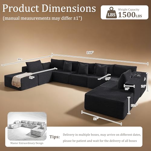 Image of 168 inch Cloud Sectional Couch, Comfort U Shaped Sofa for Living Room, Extra Deep Seats No Assembly, Minimalist Modular Couch, Corduroy (Black, 9 Seats,U-Shape A)
