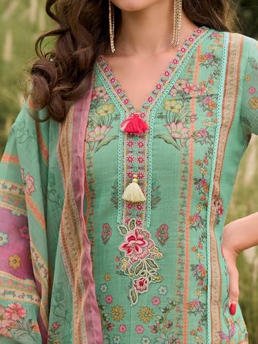 Image of INDO ERA Women's Straight Linen Floral Printed Kurta & Pant with Dupatta Set | Kurta Sets For Woman