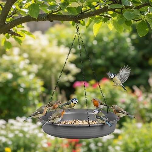 Bandeja de metal de 30 cm para alimentar aves silvestres colgando de árboles sin herramientas 5