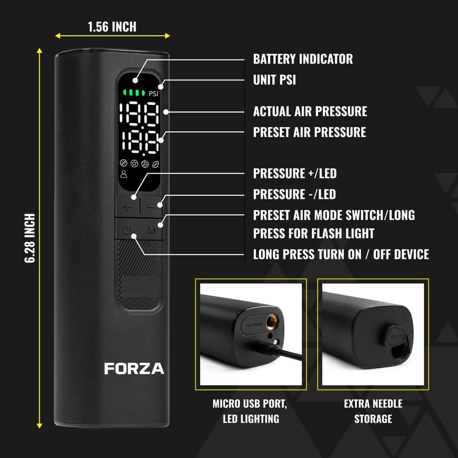 FORZA Digital Ball Pump │Rechargeable Electric Air Pump with LED Torch | Portable Sports Ball Inflator with Needles, Flex Hose, USB Charging Cable and Carry Case