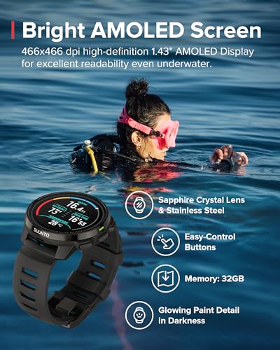 Image of SUUNTO Ocean Dive Computer, GPS Multisport Watch for Training, Underwater Route Tracking & Wireless Tank Pressure Monitor, AMOLED Touchscreen, Dualband GNSS, Offline Map, 26D Battery Life, All Black
