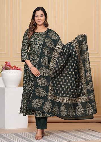 Image of PARTHVI Women's Printed Cotton Anarkali Kurta & Pant With Dupatta Set