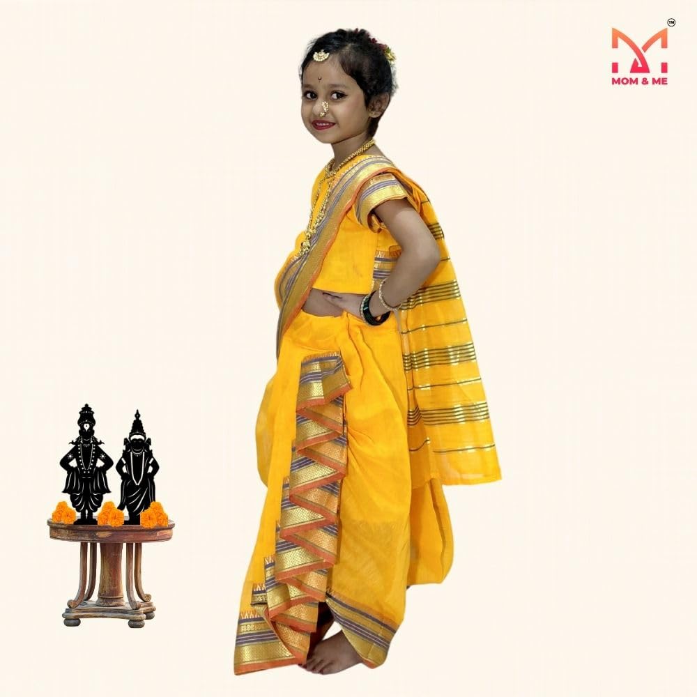 Mom and Me Girls' Ready-to-Wear Mastani Nauwari Saree with Stitched Blouse | Traditional Maharashtrian Ilkal Border | Soft Acrylic Cotton | Age 12 Months to 15 Years (Yellow, 11-12 Years) - Image 4 thumbnail