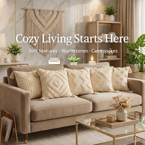 Image of SILK & YANA 16x16 Cotton Cushion Covers Set of 5 | Hand-Tufted Decorative Throw Pillow Covers with Boho, Geometric & Textured Designs | Tassel-Trimmed Covers for Sofa | Cream