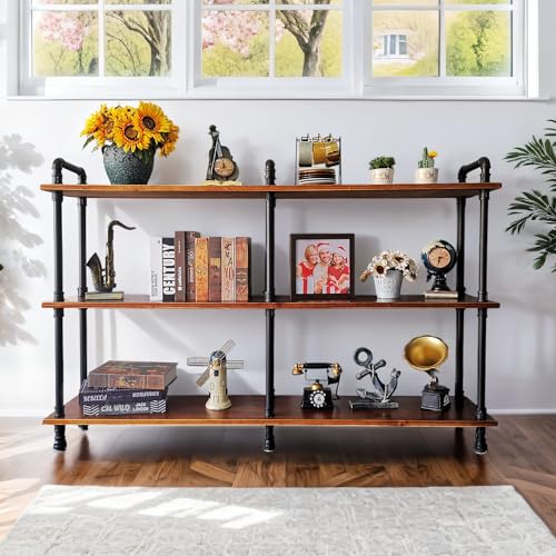 Anynice 3 Tier Long Industrial Bookshelf, 3 Realwood Industrial Pipe