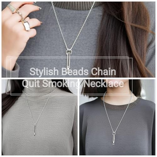 Quit Smoking Necklace 2 PCS Breathing Beads Stainless Steel Chain for Anxiety Relief Stop Smoking Necklace for Adult Women Men, Black and Silver4