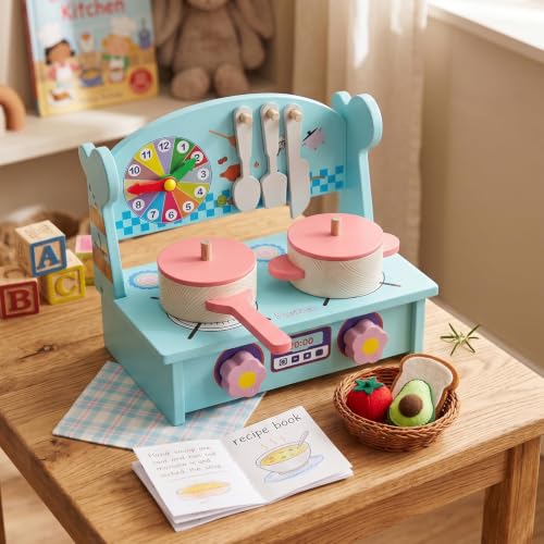 Image of Cute & Stylish Real Wooden Pretend Play Kitchen Set for Kids with Cooking Accessories Montessori Educational Toy Kitchen Playset for Boys Girls and Toddlers