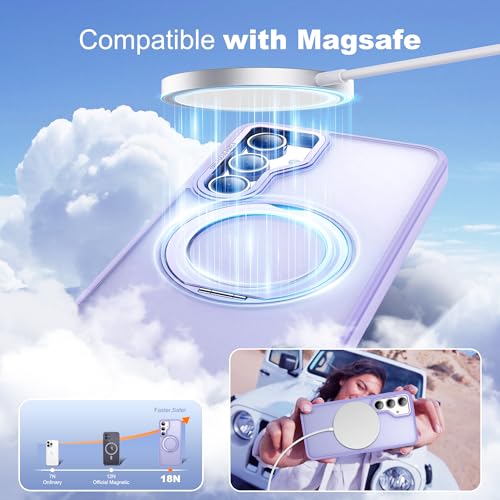 Image of for Samsung Galaxy S23 FE Case with 360 Rotatable Magnetic Ring Stand Compatible with Mag-Safe Military Protection Shockproof Matte Translucent Phone Case for Galaxy S23 FE,Purple