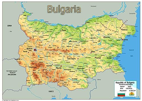 Mappa fisica della Bulgaria, collezione Oxford, formato A2, carta laminat
