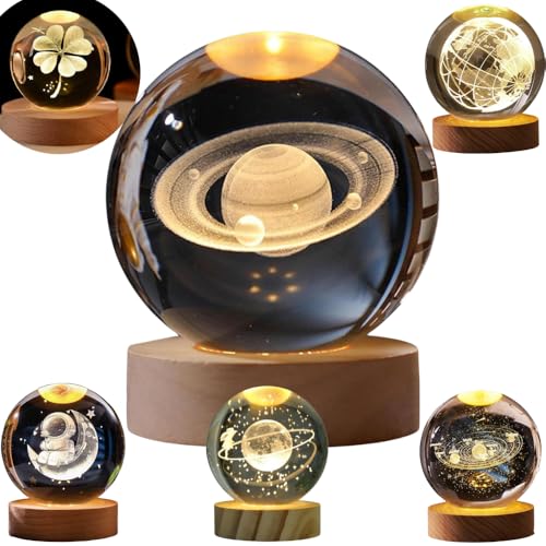 Luminária de Mesa LED Bola de Cristal 3D com Base de Madeira Desi...
