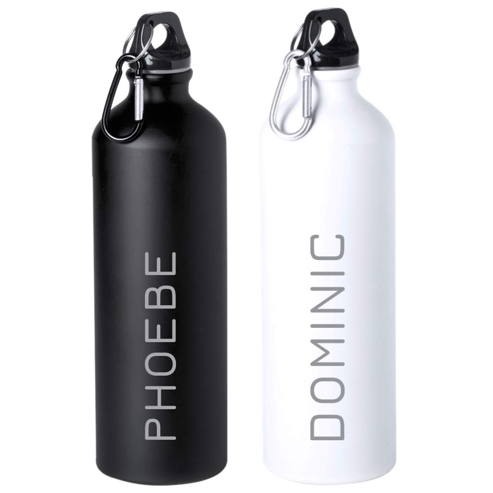 eBuyGB Personalised 800ml Aluminium Reusable BPA Free Matt Water Bottle with Carabiner Clip - Unisex Custom Name - Use for School, Gym, Outdoor, Yoga & Sports (White)
