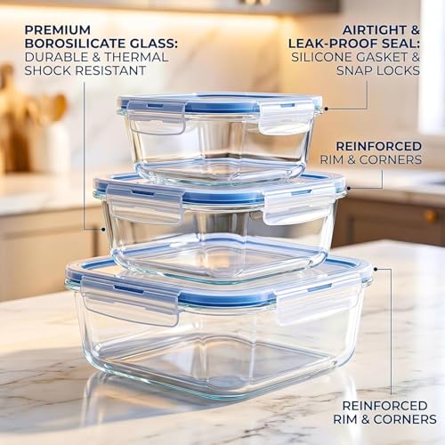 Image of ALTITUDE Borosilicate Glass Food Storage Containers Set of 3 with Airtight Locking Lids, 340ml 500ml 820ml, Insulated Lunch Bag & 120ml Glass Jar, Microwave Oven Freezer Safe
