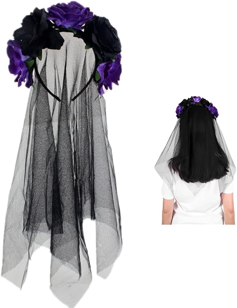 Rose Headband Ladies Girl Gothic Flower Garland with Black Veil Halloween Christmas Fancy Dress Costume Accessory for Wedding Bride Bridesmaid Birthday Party Photography Props,Black+Purple