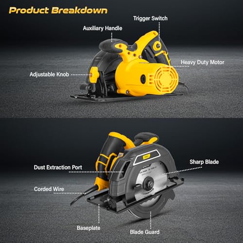 Image of Deli DL-YJ185-E1 1300W 7-1 /4 inch Corded Electric Circular Saw 24T Blade Easy Depth & Bevel Adjustment with Ergonomic Handle for Professional Use (Pack of 1, Yellow and Black)