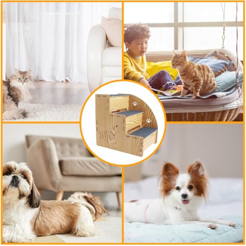 Haustiertreppe,Treppe 3 Stufen,Katzentreppe aus natürlichem Holz,35cm Tiertreppe,Stabil und rutschfest,Katzentreppe Hunderampe für kleine,mittelgroße und große Hunde