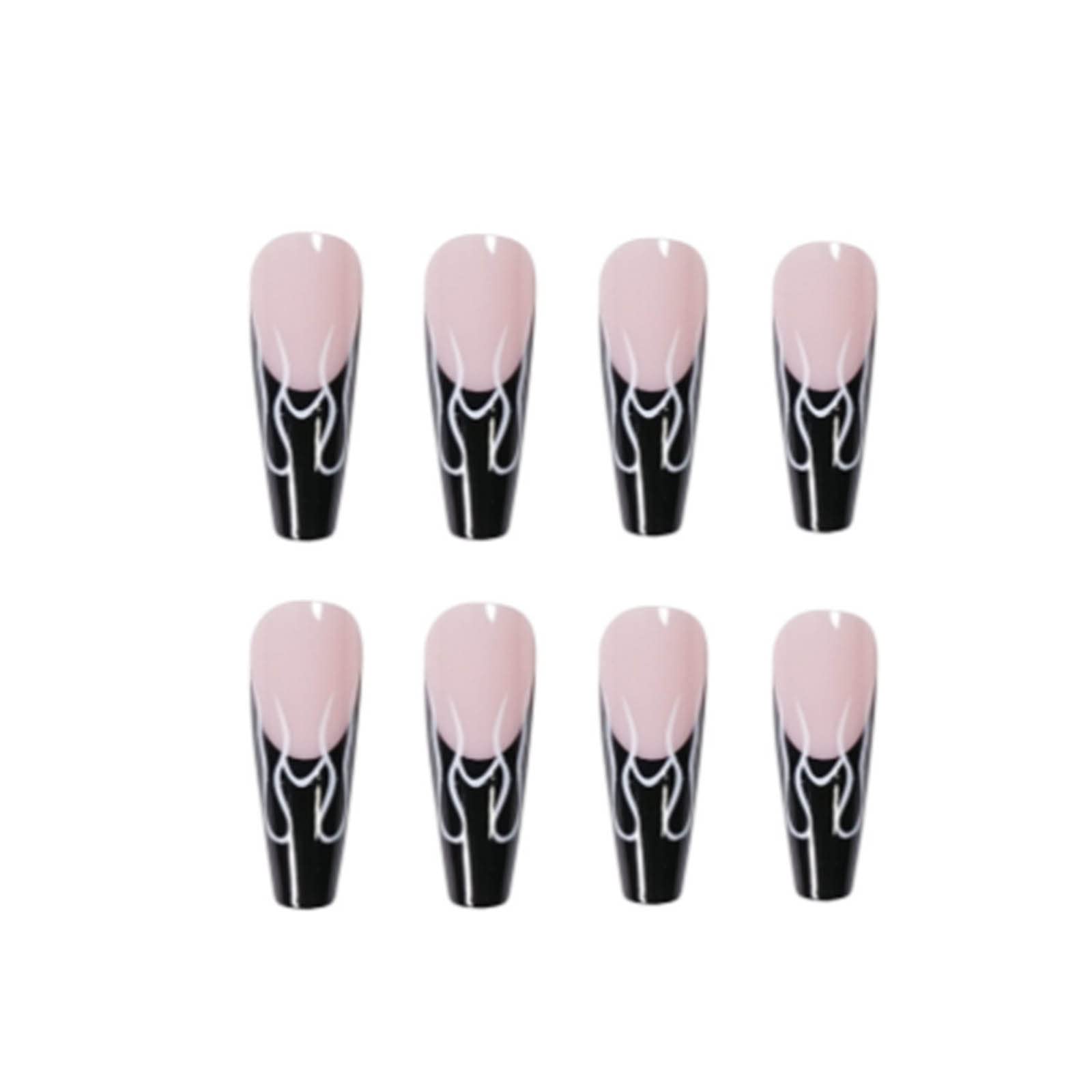 DANMANR Long Press on Nails Square French Fake Nails Full Cover Nude Acrylic False Nails for Women and Girls 24PCS (Black Coffin)