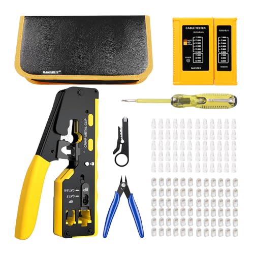 HANDSKIT Herramienta de Crimpado RJ45,Kit de Crimpadora RJ45,Kit de Herramienta de Red Alicates de Crimpar para Conectores RJ45 con Cat5/Cat6/Cat 7 8P,con 60xConectores Pasantes y 60xTapas Protectoras