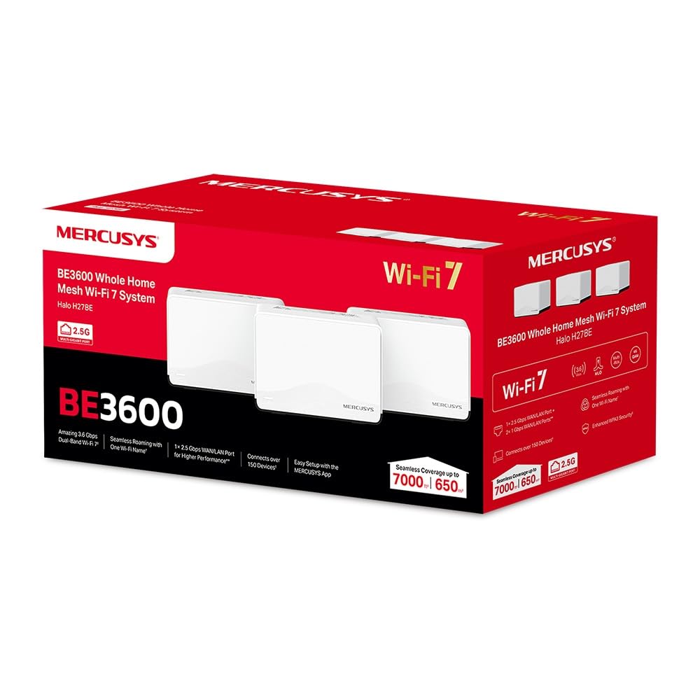 MERCUSYS TP-Link Routeur WiFi 7 Mesh BE3600Mbps Double Bande, 1 Port 2,5G + 2 Ports Gigabit, Couverts jusqu'à 650m², Connectez 150 appareils, Compatible Toutes Les Box Internet, Halo H27BE(3-Pack)