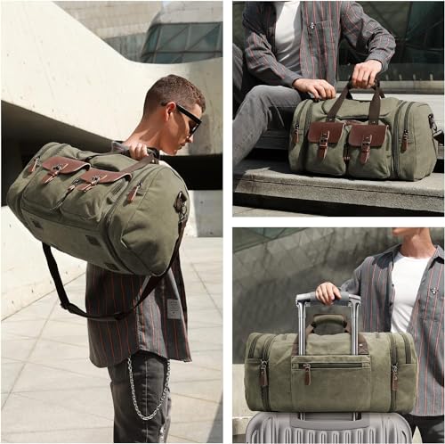 Image of Wildroad 60L Travel Duffel Bag, Expandable Canvas Genuine Leather Duffle Bag Upgraded Overnight Weekender Bag Carry on Bag
