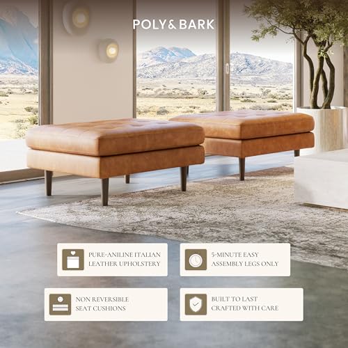 Image of Poly & BARK Napa Ottoman - Full-Grain Leather Upholstered Ottoman with Feather-Down Topper - Couch for Living Room - Vintage Italian Leather in Cognac Tan