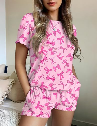 Image of Ekouaer Womens Pajamas 2 Piece Ribbed Knit Pjs Short Sleeve Sleepwear Set Summer Soft Pajamas Set Casual Lounge Sets