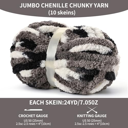 Image of 10 Pack Jumbo Chunky Yarn for Hand Knitting, Fluffy Variegated Chunky Chenille Yarn for Crocheting, 240yds /70.5oz Super Bulky Soft Crochet Baby Blanket Yarn(Black-White-Grey)