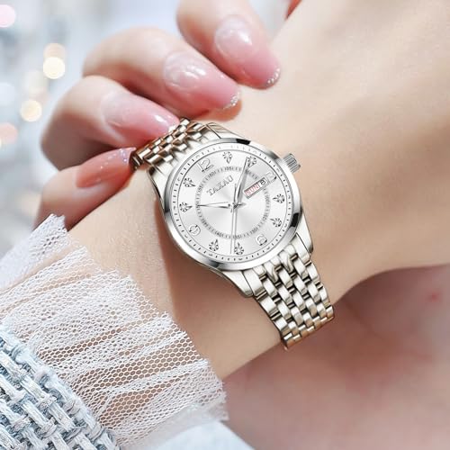 Watches for Women Silver Fashion Dainty Diamond Scale Dress Waterproof Womens Watch with Date Day Stainless Steel Analog Quartz Ladies Watches Two Tone Small Women's Wrist Watches3