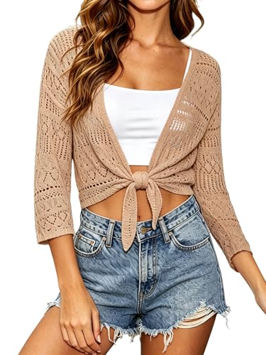 Image of Spicy Sandia Tie Front Sheer Shrug 3 /4 Sleeve Cropped Crochet Cardigan for Summer Lightweight