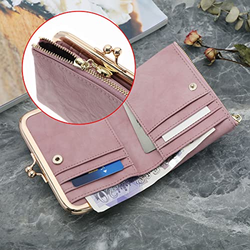 Women Wallet PU Leather Bifold Purse with Zipper and Kiss Lock Bank Card Storage Bag Vintage Small Compact Multifunctional Coin Pocket 12x10cm Pink3