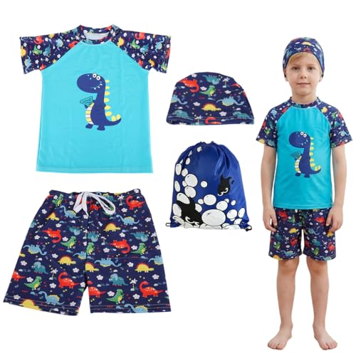Image of PROBEROS Kids Swimming Suit Set of 3 for Boys, Cartoon Dinosaur Swim Top, Shorts and Swim Cap, Elastic Drawstring Shorts, Quick Dry Polyester Swimsuit for Swim Class, Beach, Pool