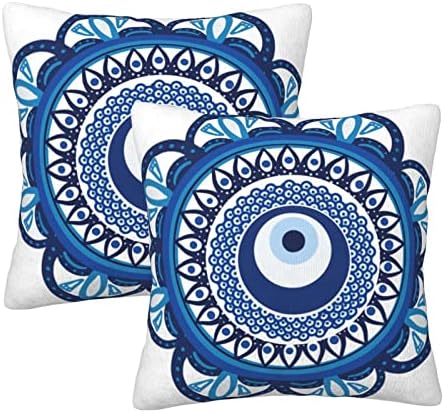 Pack of 2 Cozy Polyester Cotton Throw Pillow Cases Covers for Couch Bed Sofa Office Farmhouse Decoration Evil Eye Mandala Style 18 X 18 Inches Printed Both Sides Cushion Covers Blue-Green